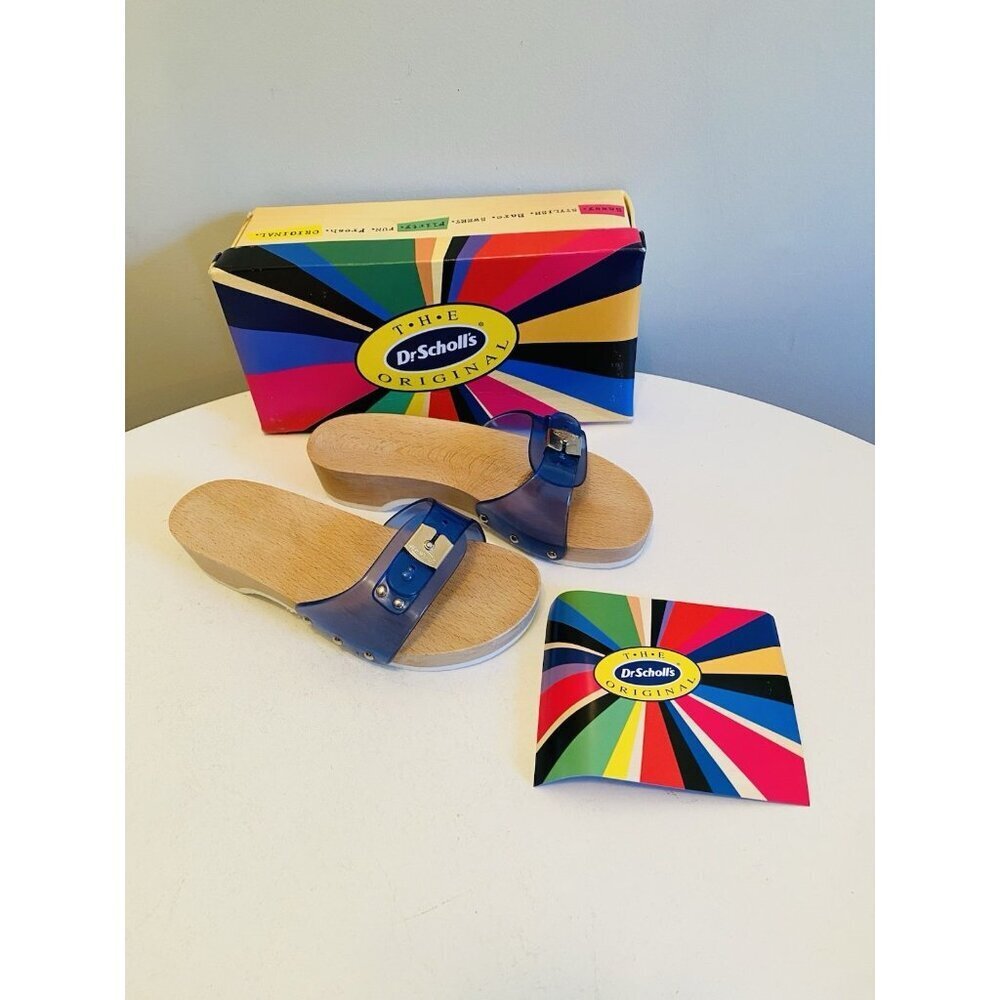 Dr Scholls Women Size 7 Wood Exercise Clog Sandal Blue Vinyl Slide Shoe New